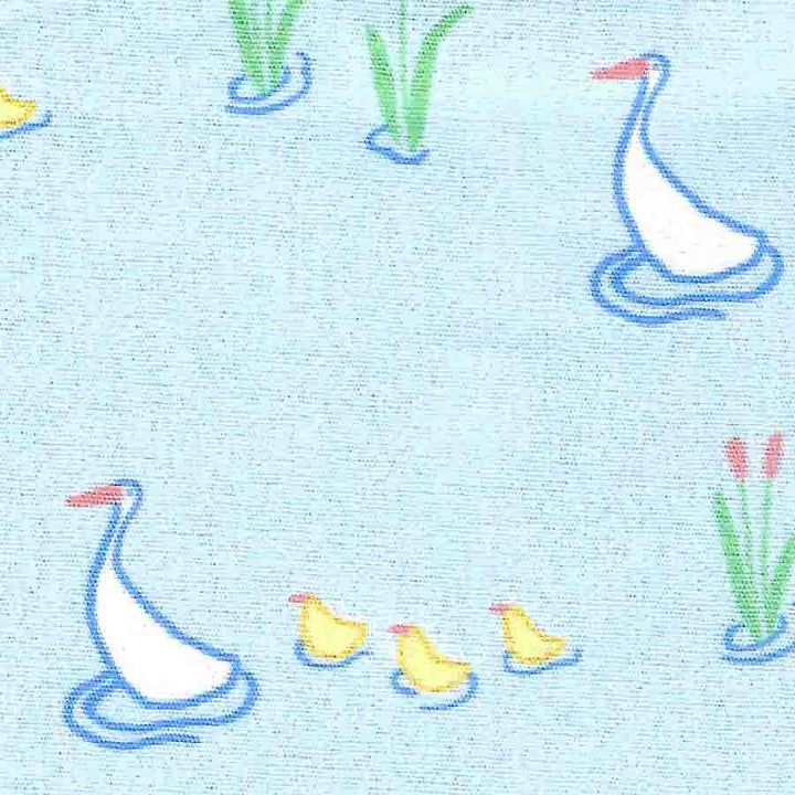 Blue background with Mama duck and baby duck following behind
