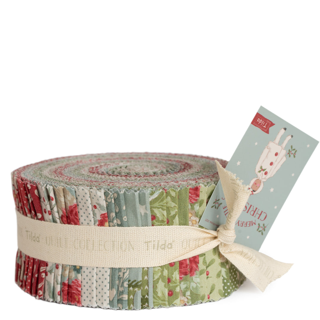 Fabric roll with a ribbon and tag on a white background