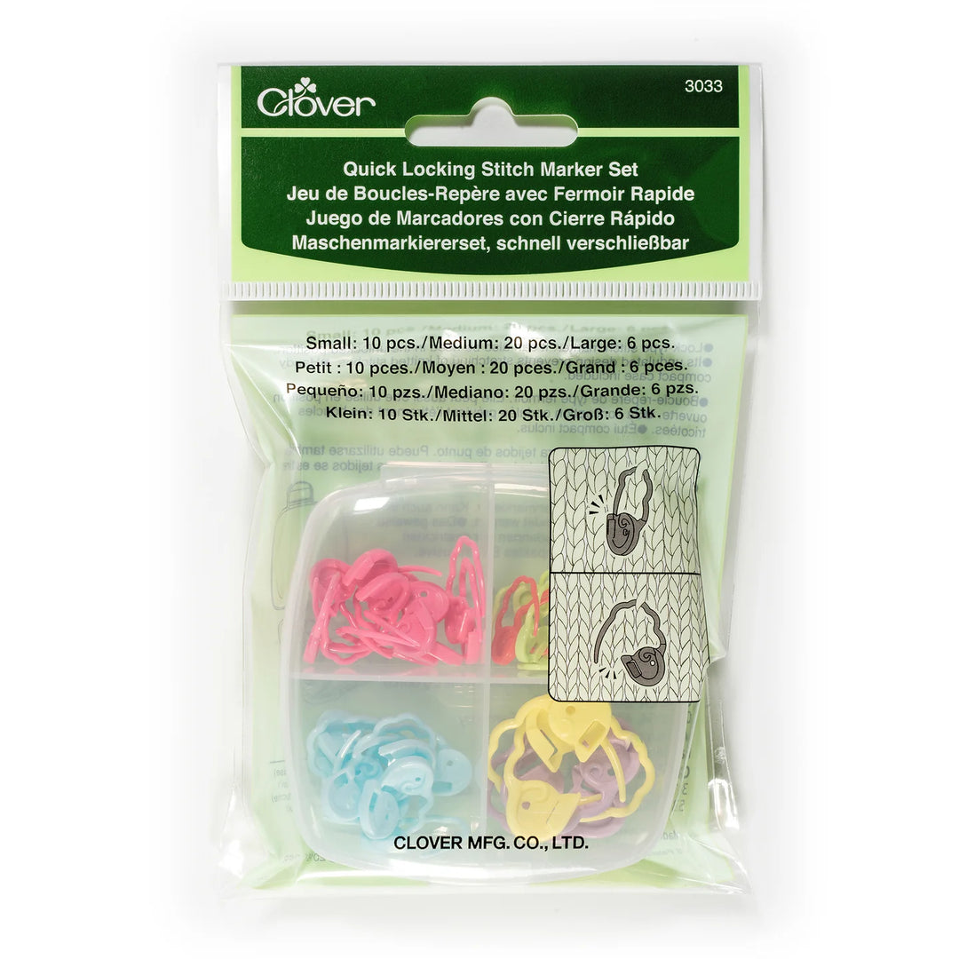 package of stitch markers in a sectioned plastic case. includes 10 small, 20 medium, 6 large