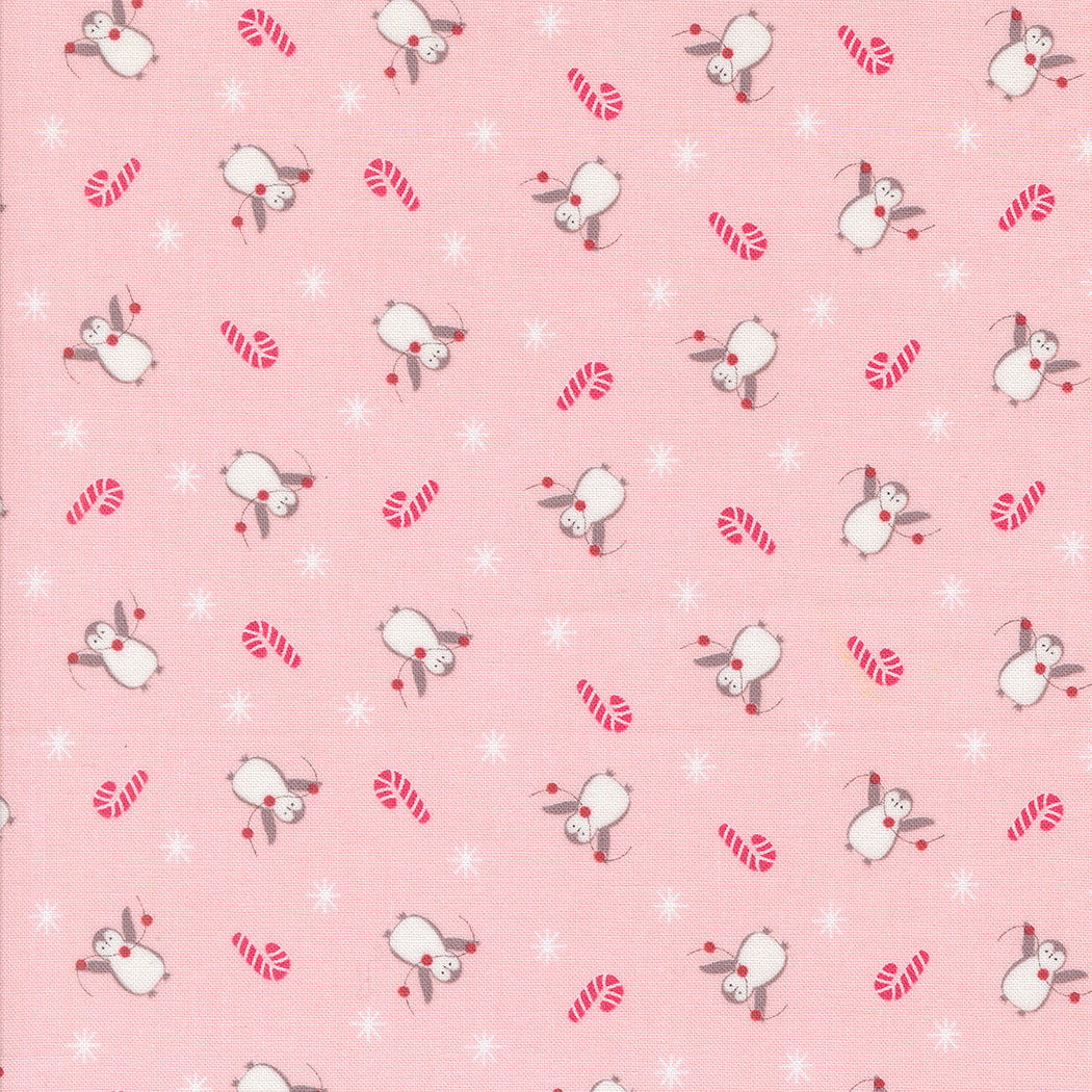Pattern of snowmen and candy canes on a pink background