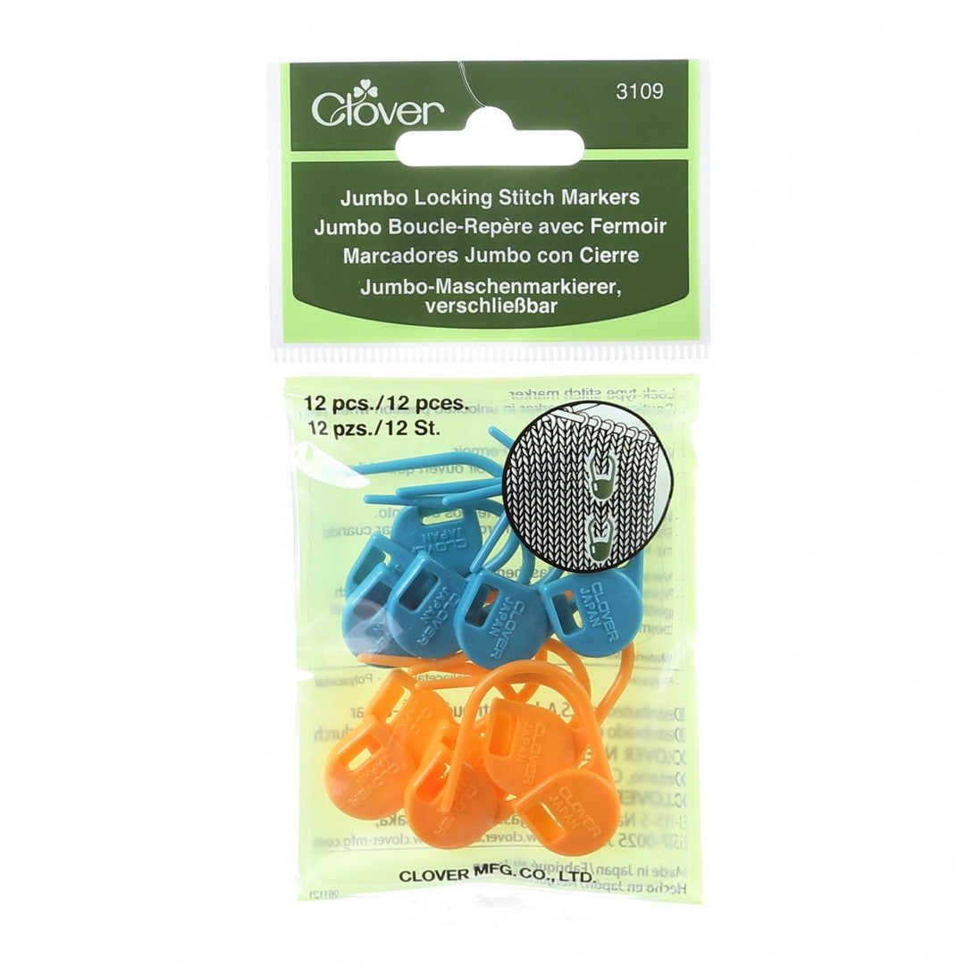 package of Clover jumbo locking stitch markers in blue and orange, 6 of each color