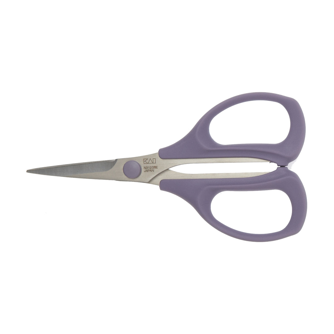Pair of scissors with purple handles on a white background