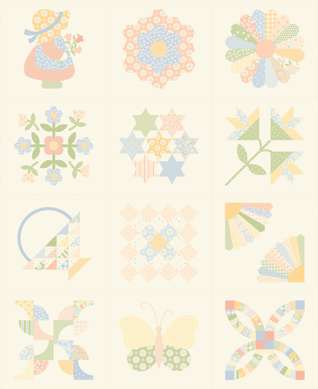 Patterned fabric with colorful geometric shapes and floral designs on a light background