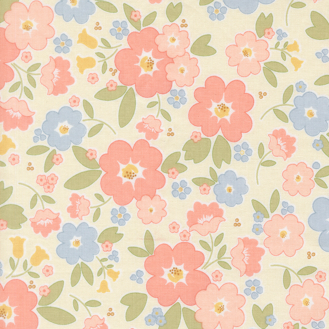 Pattern of pink, blue, and yellow flowers on a light background