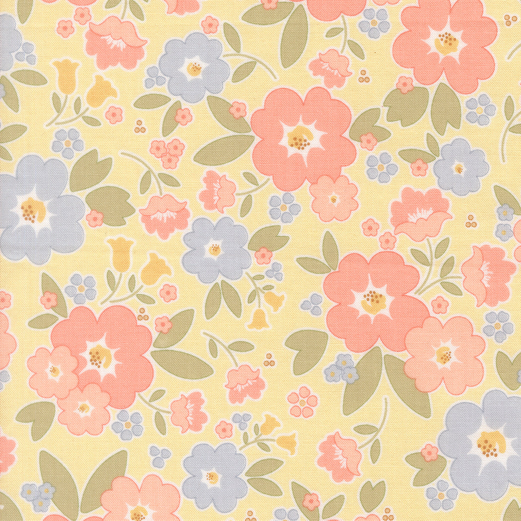 Floral pattern with pink, blue, and green flowers on a yellow background