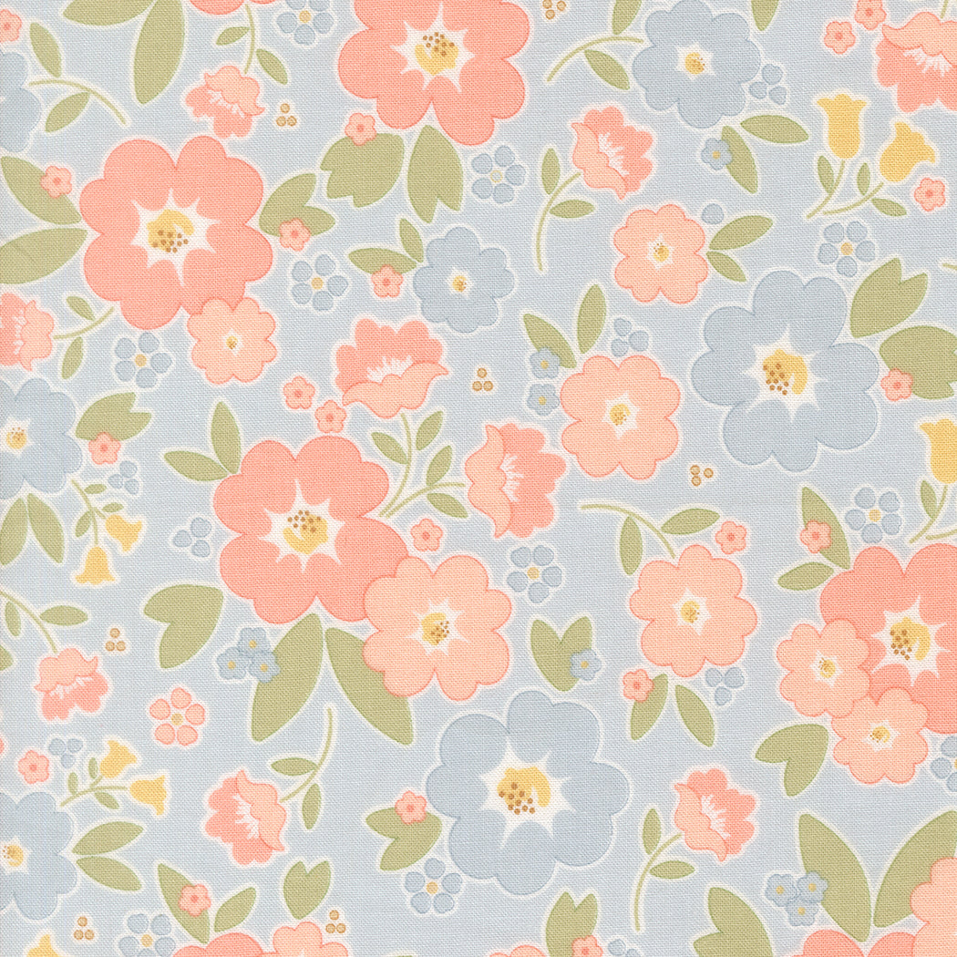 Floral pattern with pink and green flowers on a light blue background