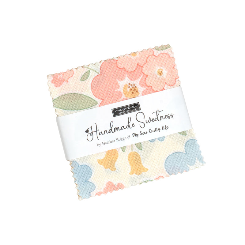 Pack of floral fabric squares with a brand label on a white background