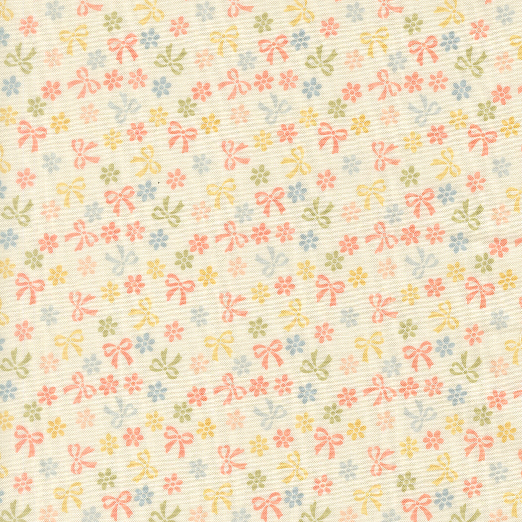 Pattern of colorful bows and flowers on a light background