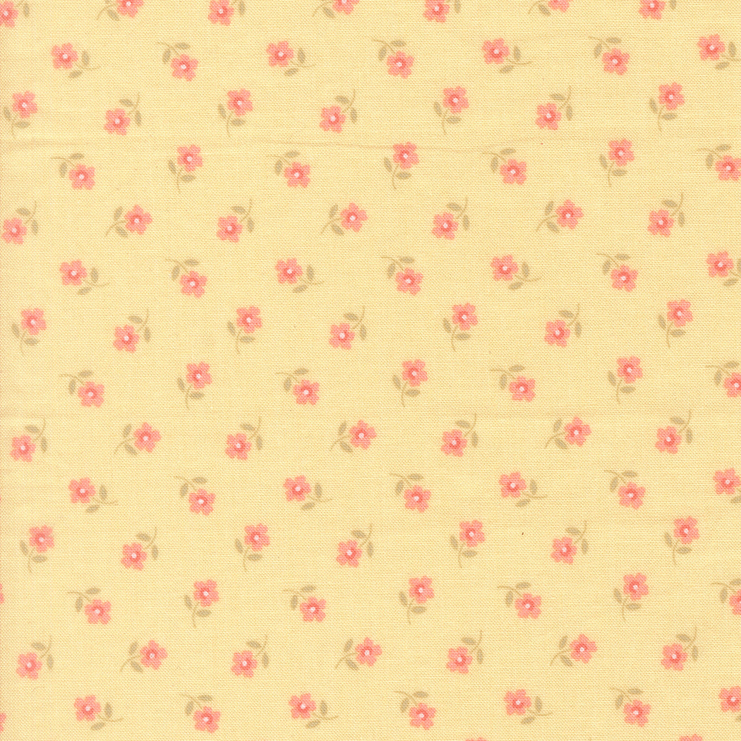 Pattern of small pink flowers on a yellow background
