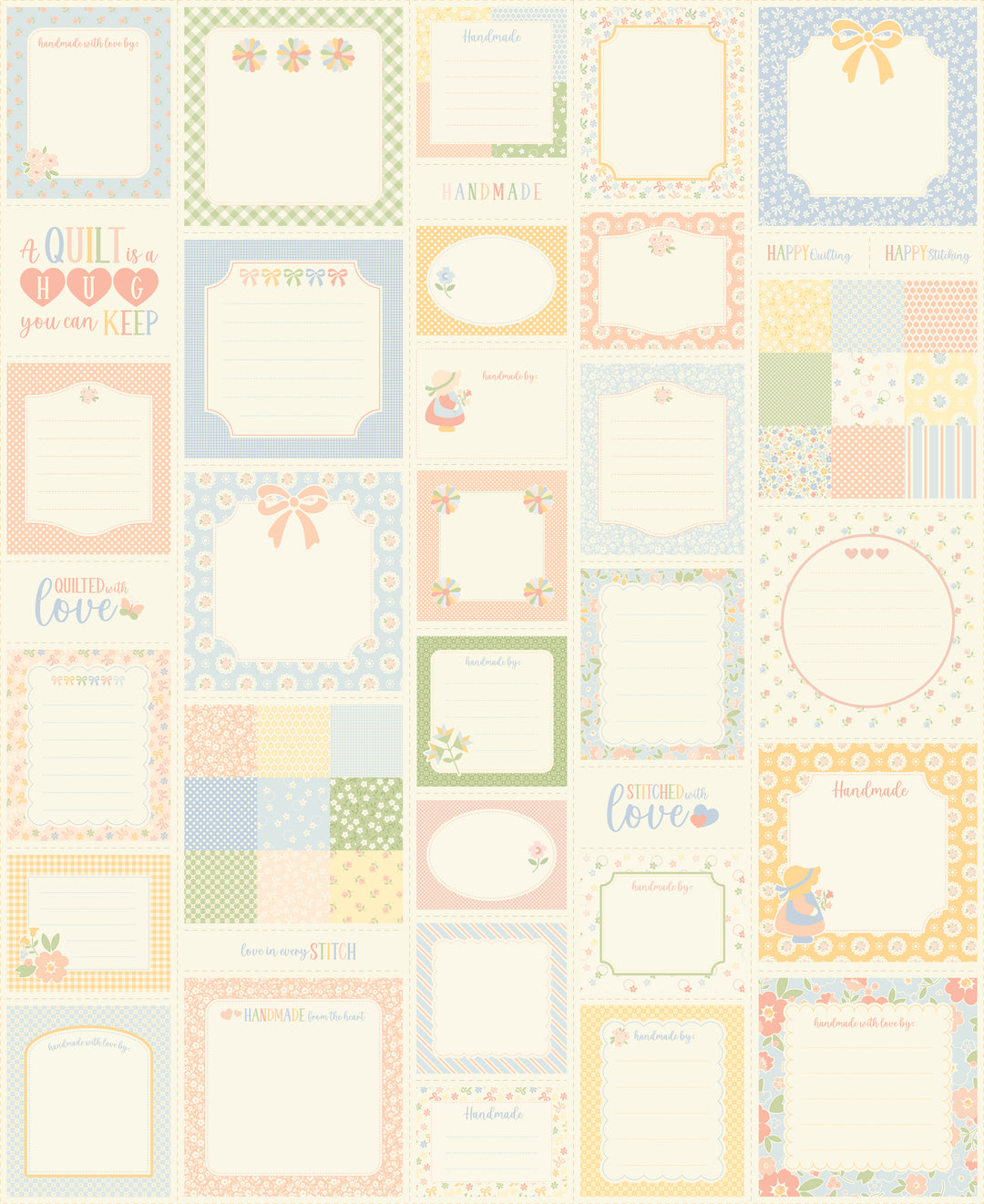 Pattern of decorative labels with text and designs on a white background