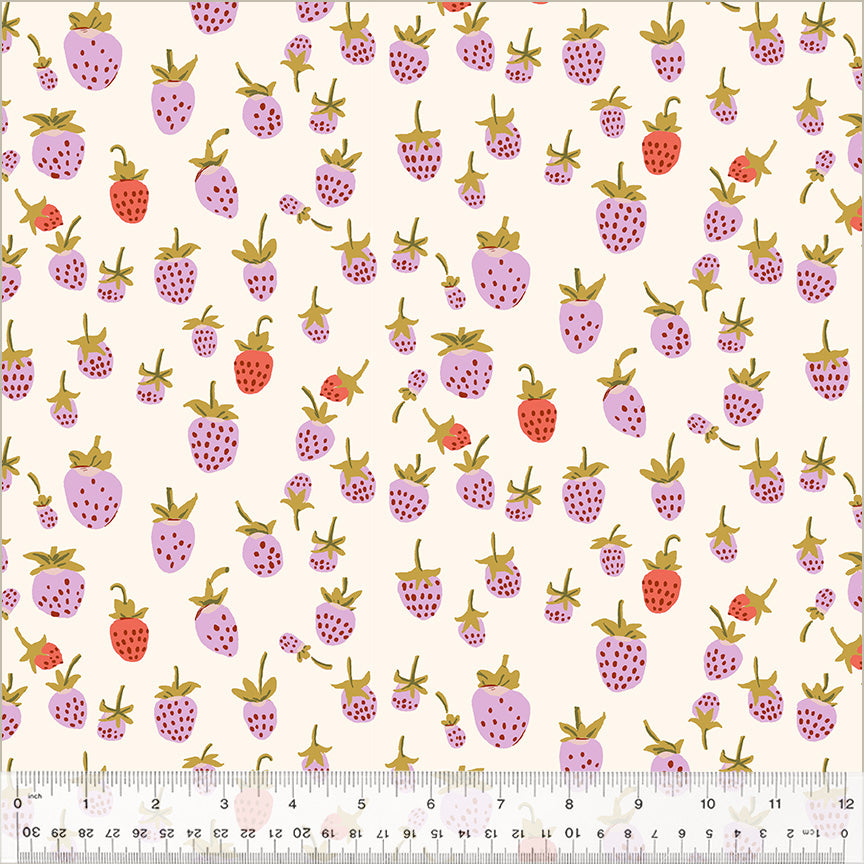 108" fabric with red and lilac strawberries on a cream background