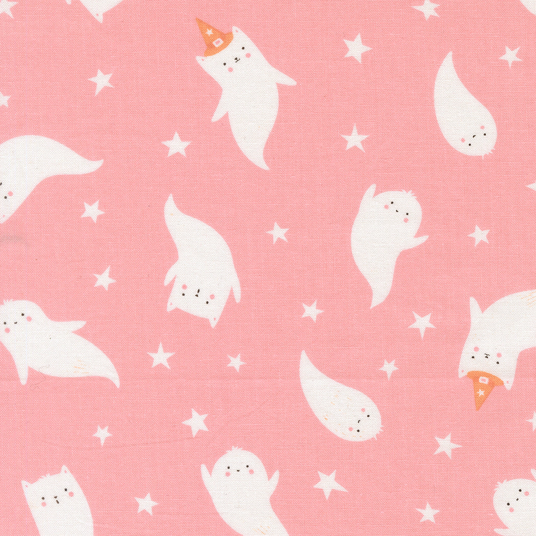 Pattern of white ghosts with orange hats on a pink background with stars