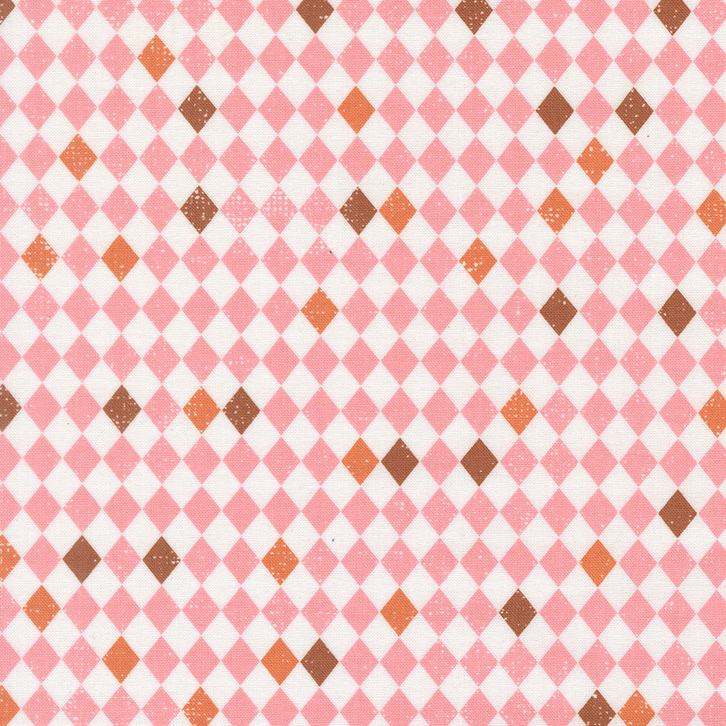 Diamond pattern with pink, brown, and white colors on a checkered background