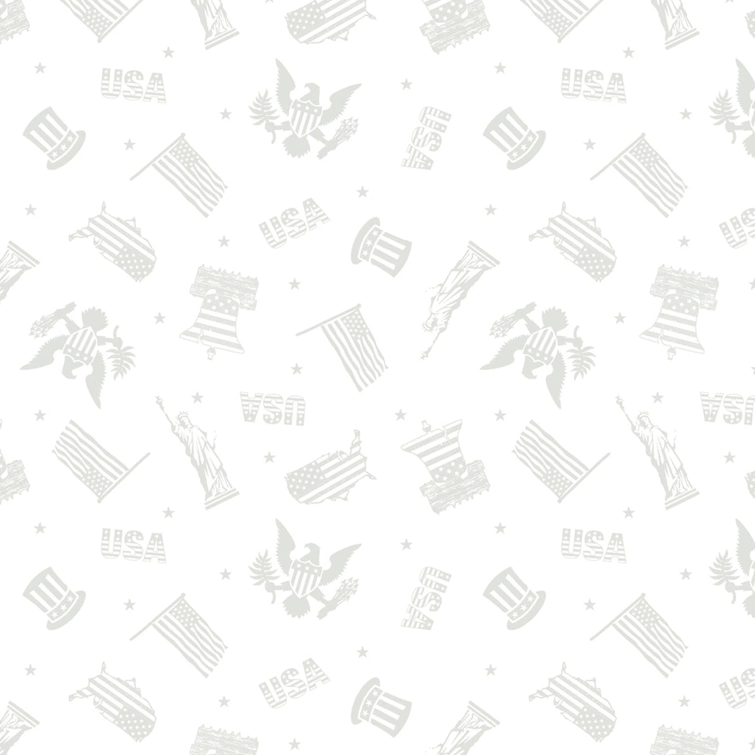 Pattern of American flag and eagle symbols on a white background