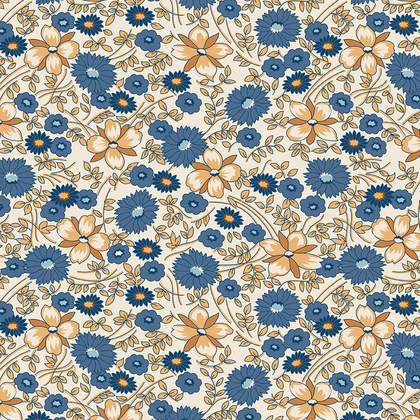 Pattern of blue and orange flowers on a beige background