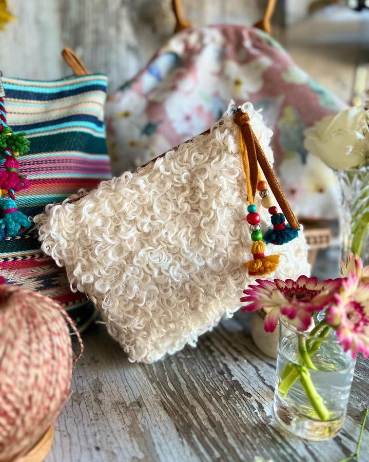 Vegan Fur Zipper Accessories Pouch Clutch w/ Tassel