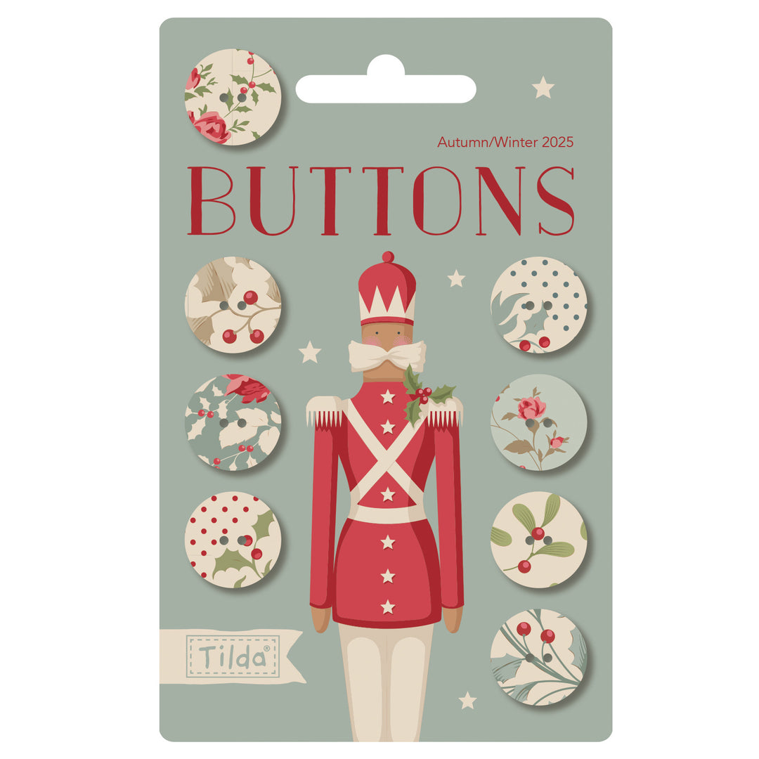 Packaging of Tilda buttons with a toy soldier design and autumn/winter 2025 text.
