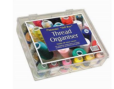Thread organizer box with colorful thread spools on a white background