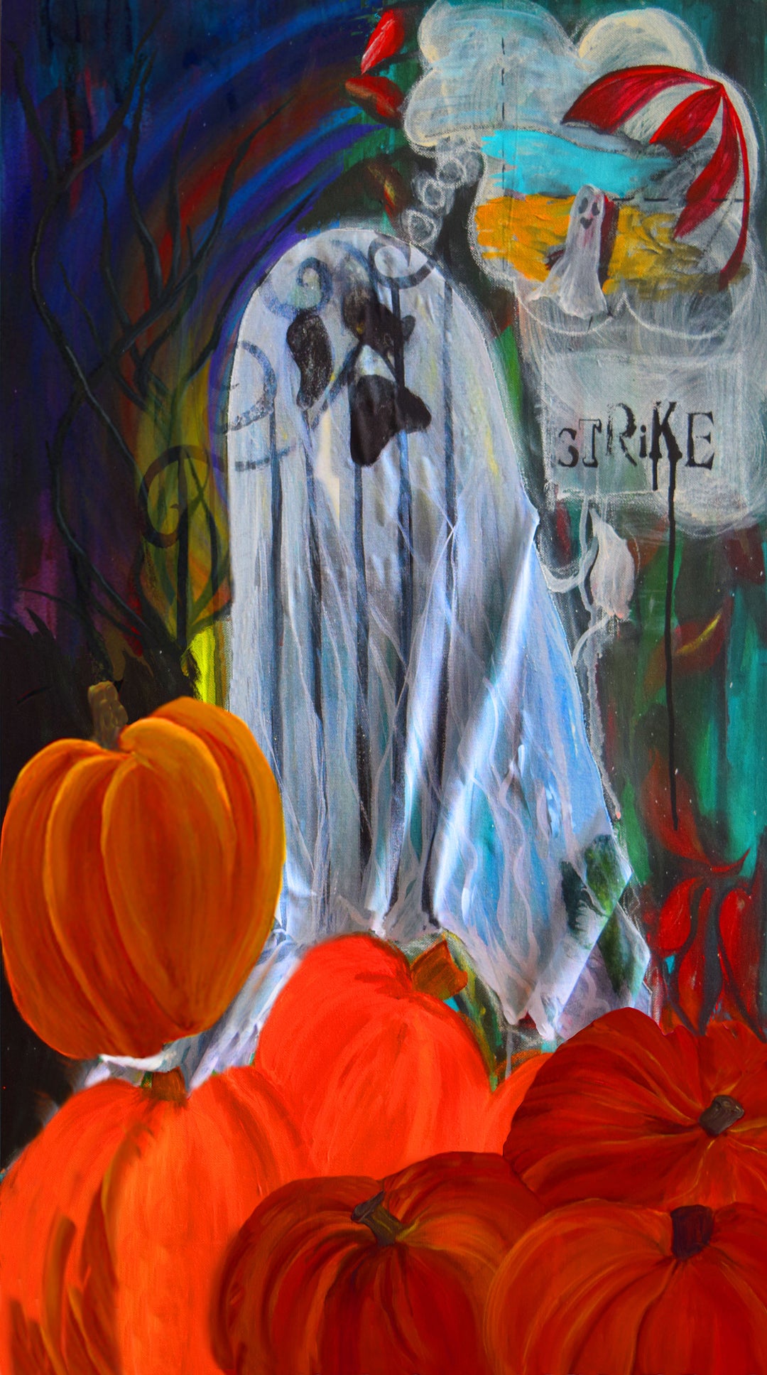 Ghost with a sign labeled 'Strike' surrounded by pumpkins in a colorful, abstract setting