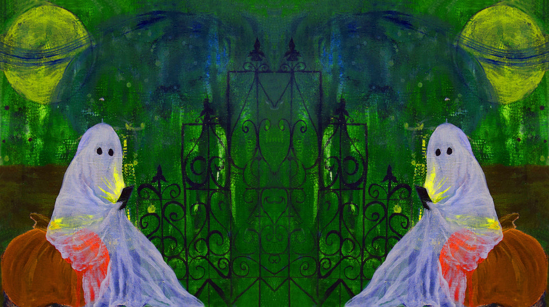 Abstract artwork with two ghost-like figures and a decorative gate on a green background