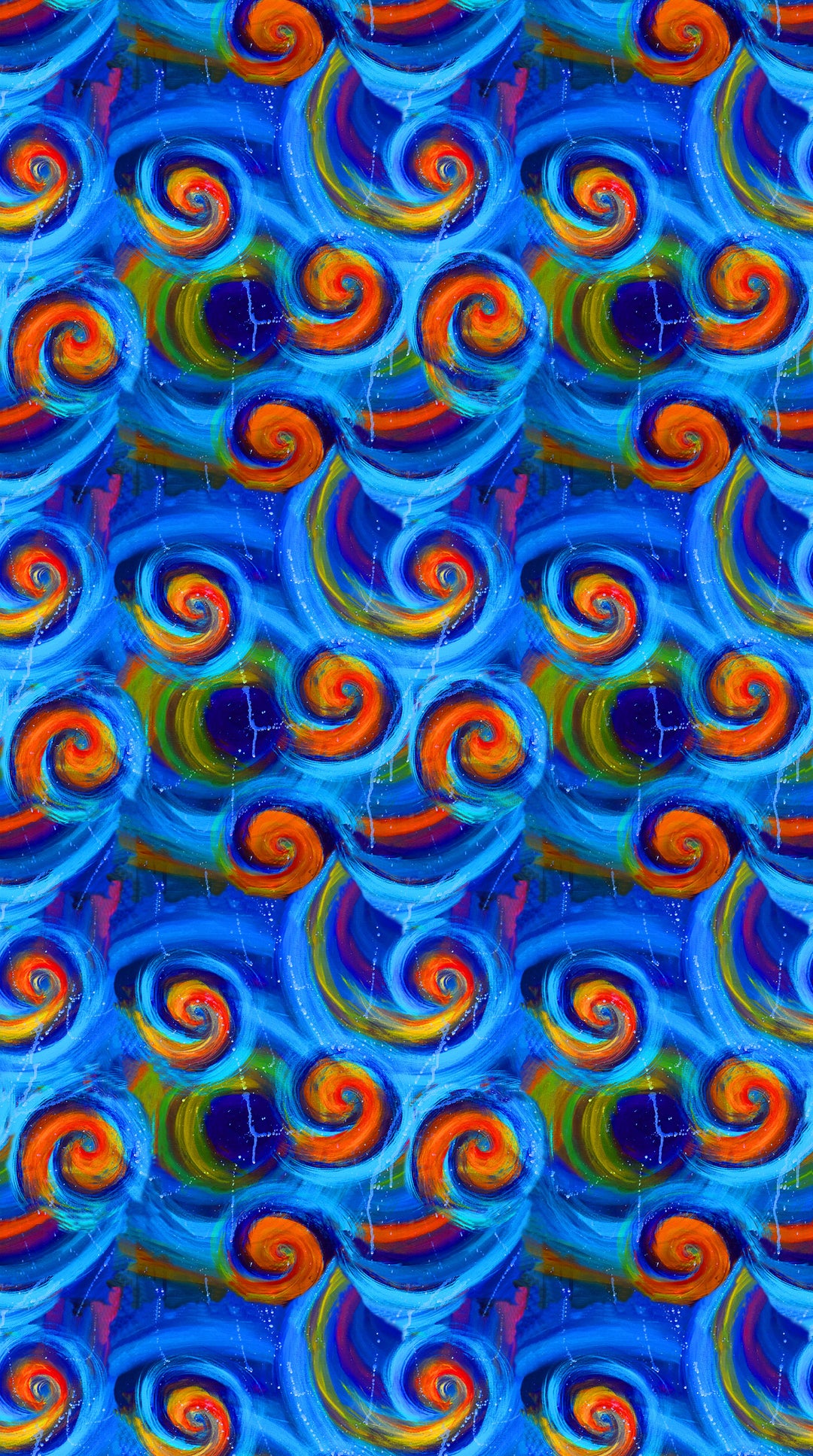 Colorful pattern of swirling designs in blue, orange, and purple.