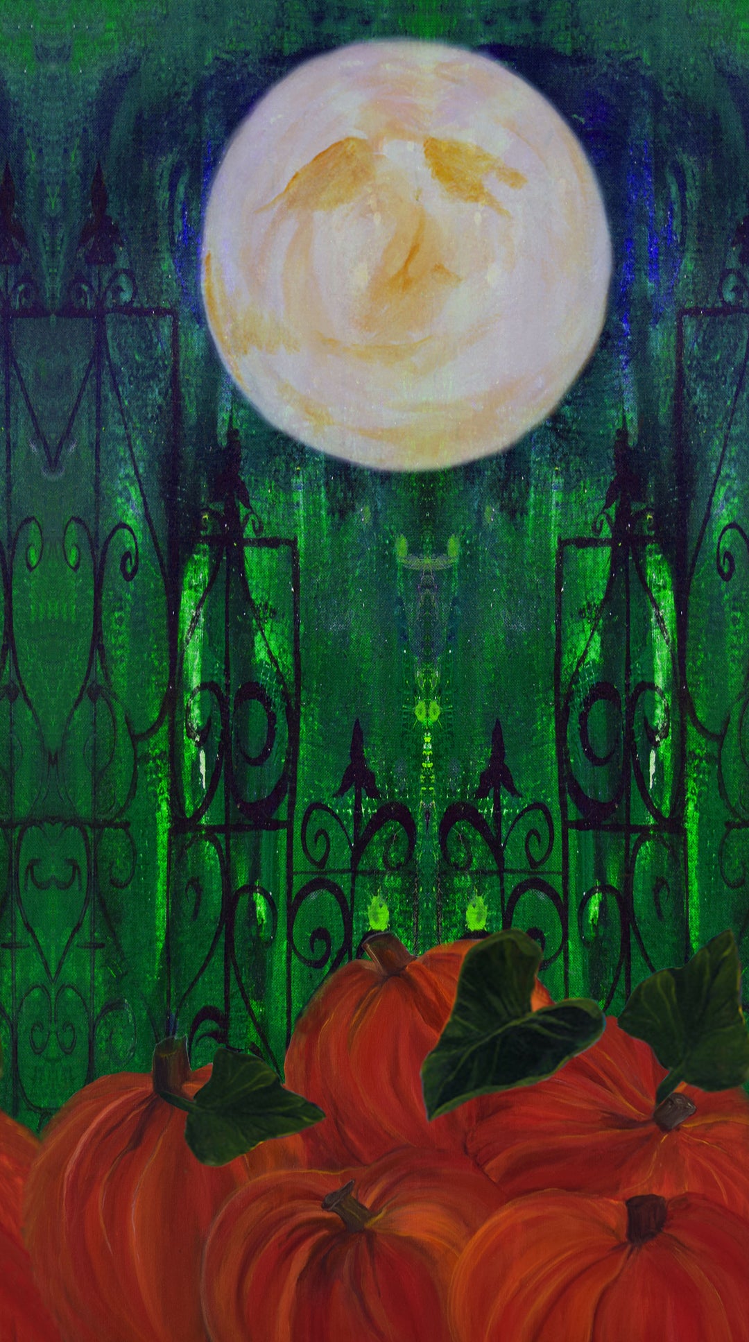 Pumpkins in front of a green fence with a full moon in the background