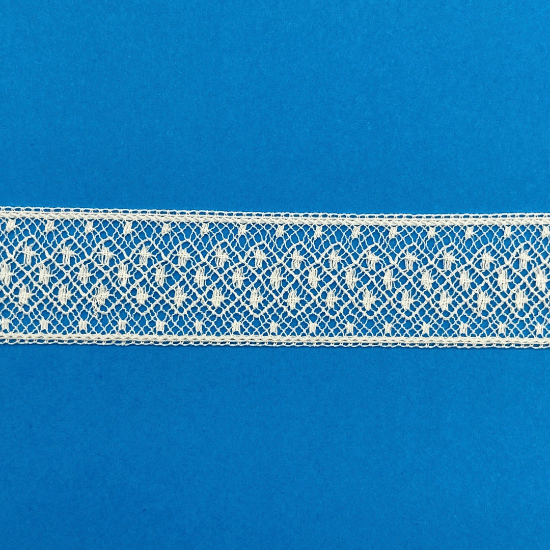 Ecru lace insertion on a blue background
