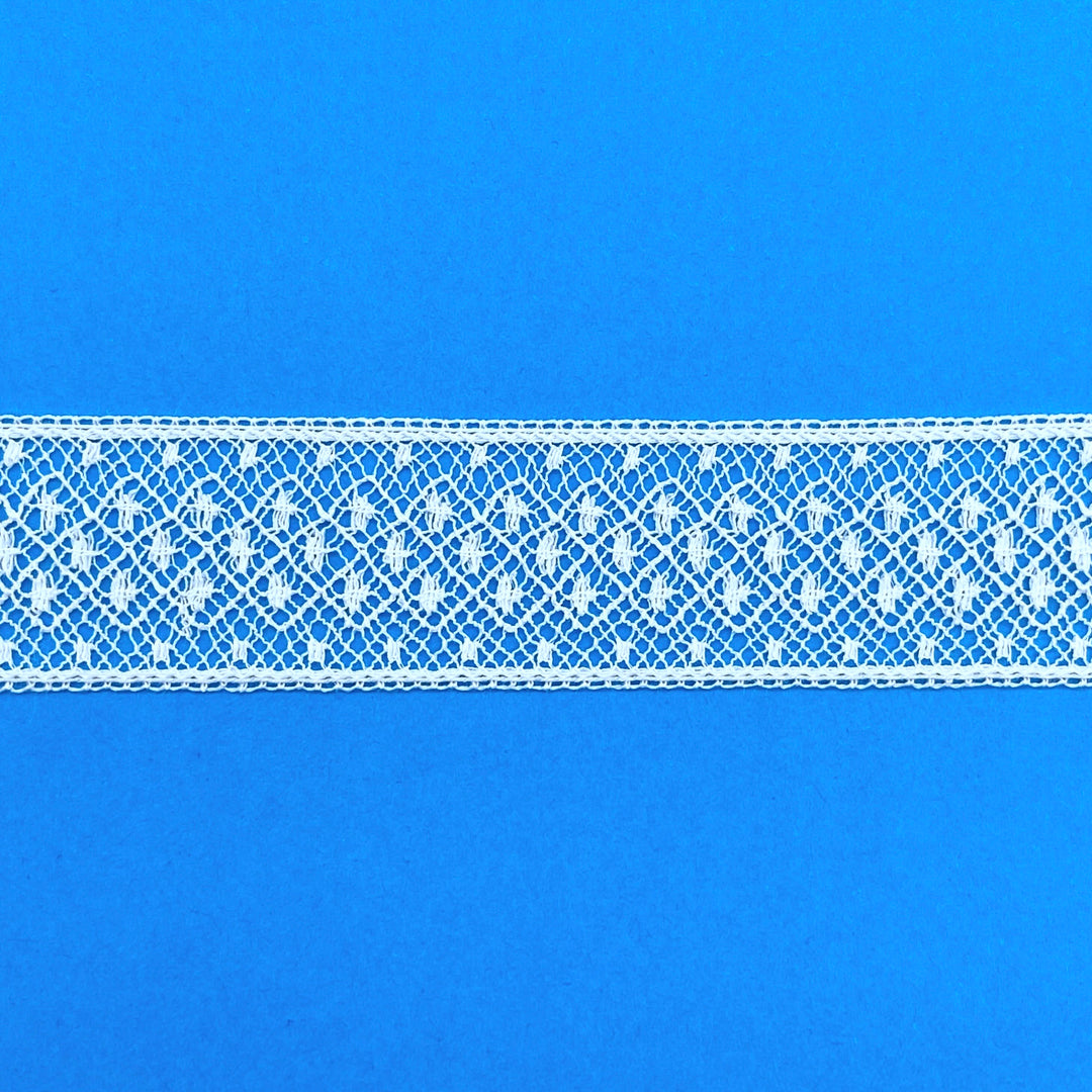 White lace trim on a blue background