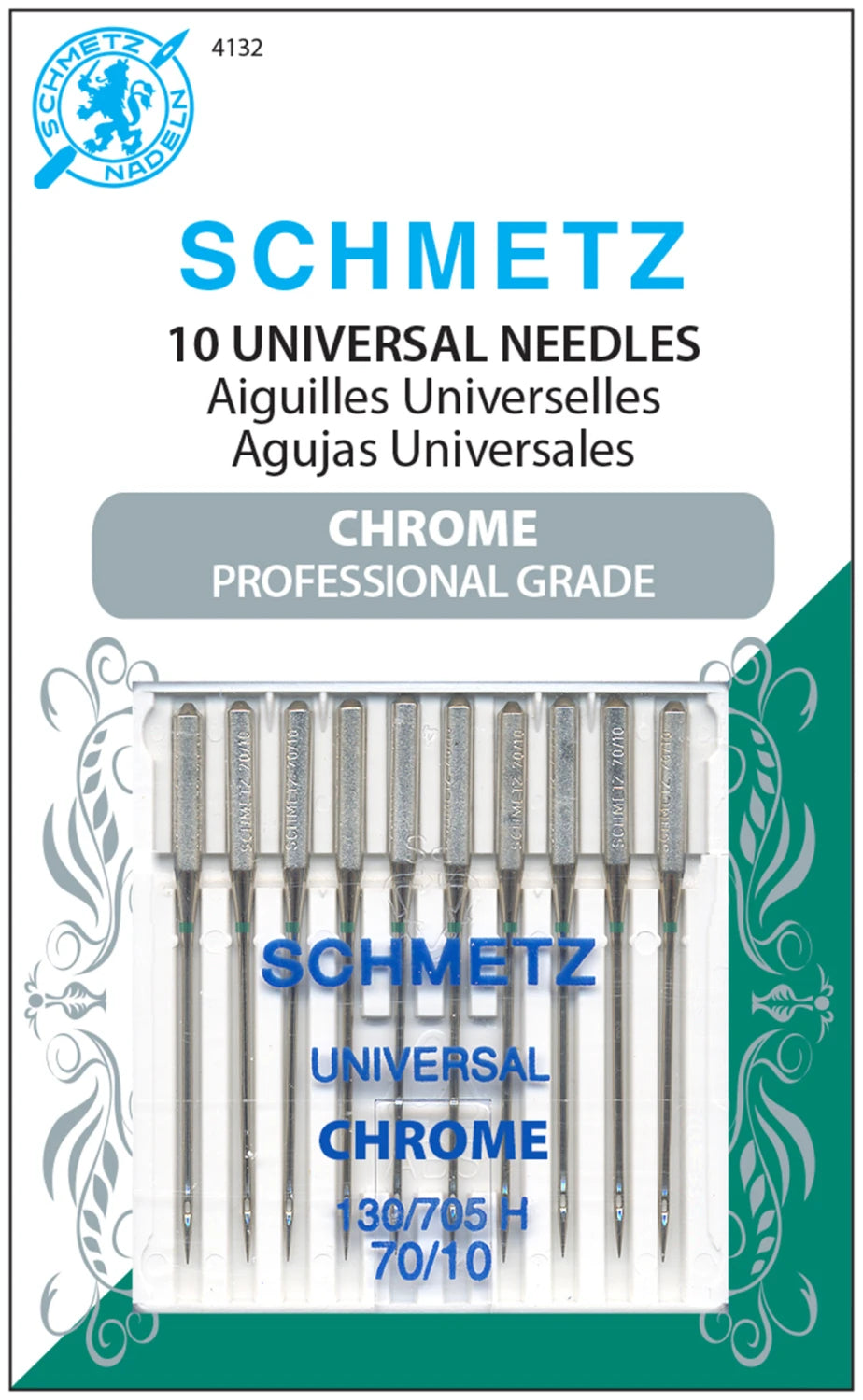 Pack of Schmetz universal needles with packaging details on a white background