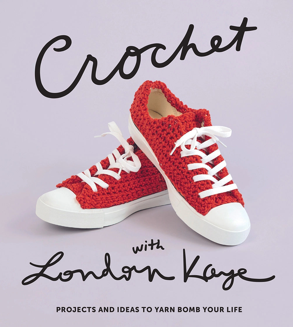 Red and white crocheted sneakers on a light purple background with 'Crochet with London Kaye' text.