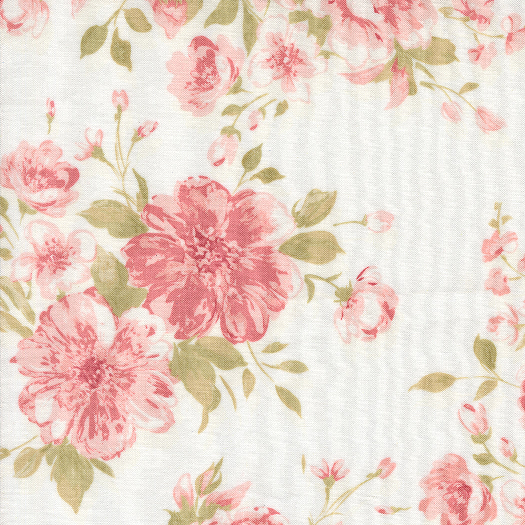 fabric swatch with a print of soft pink roses and greenery on a porcelain white background