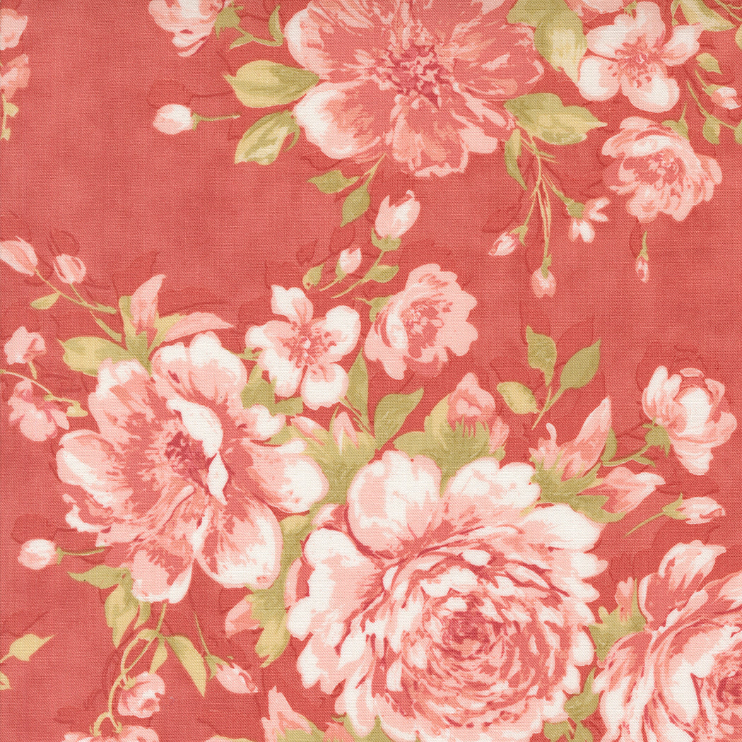 fabric swatch with a print of soft pink roses and greenery on a scarlet red background