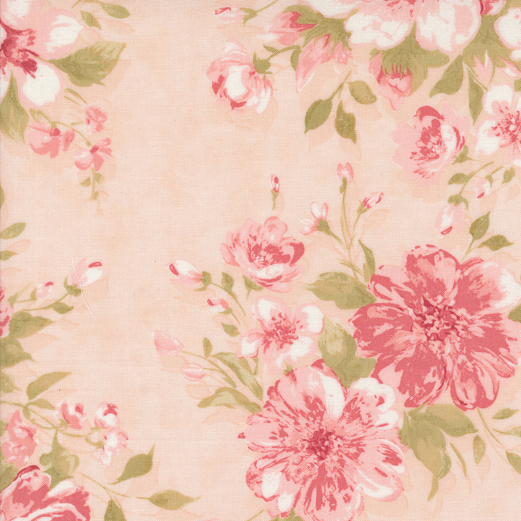 fabric swatch with a print of soft pink roses and greenery on a blush pink background