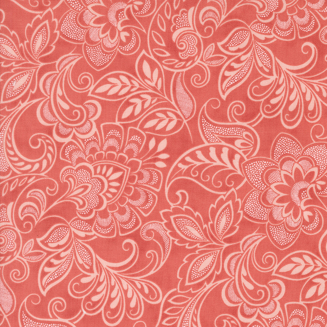 fabric swatch with a light pink floral damask pattern on a scarlet red background
