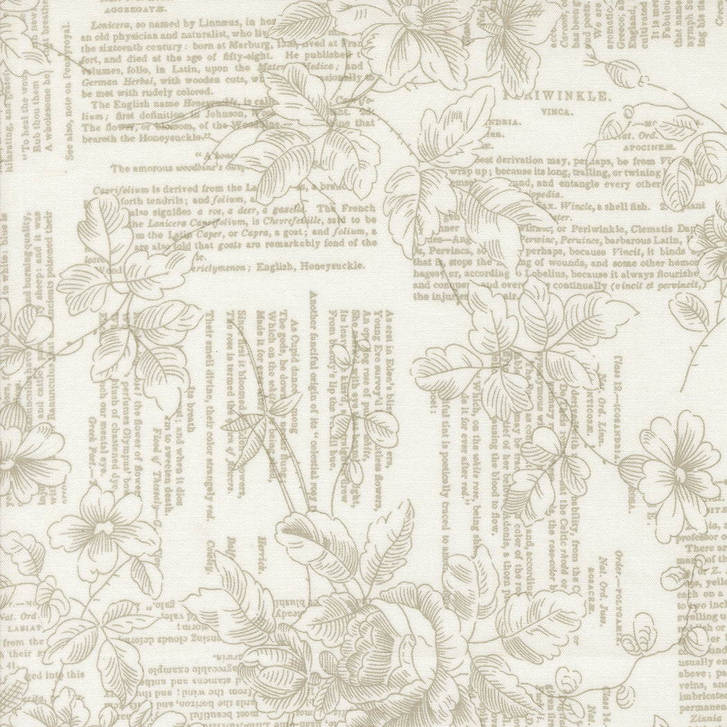 fabric swatch of gray flower outlines and text on a porcelain white background