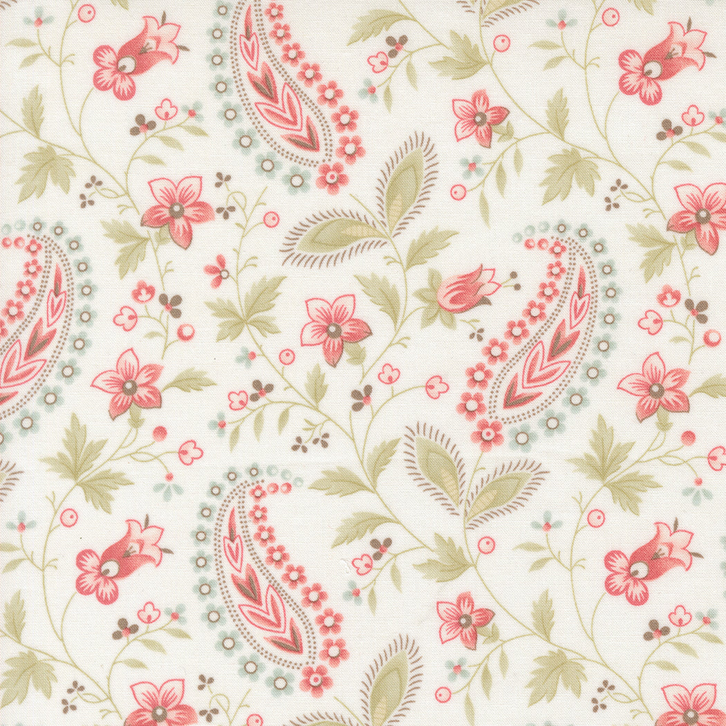 fabric swatch of a paisley print of pink hearts and florals and greenery on a porcelain white background