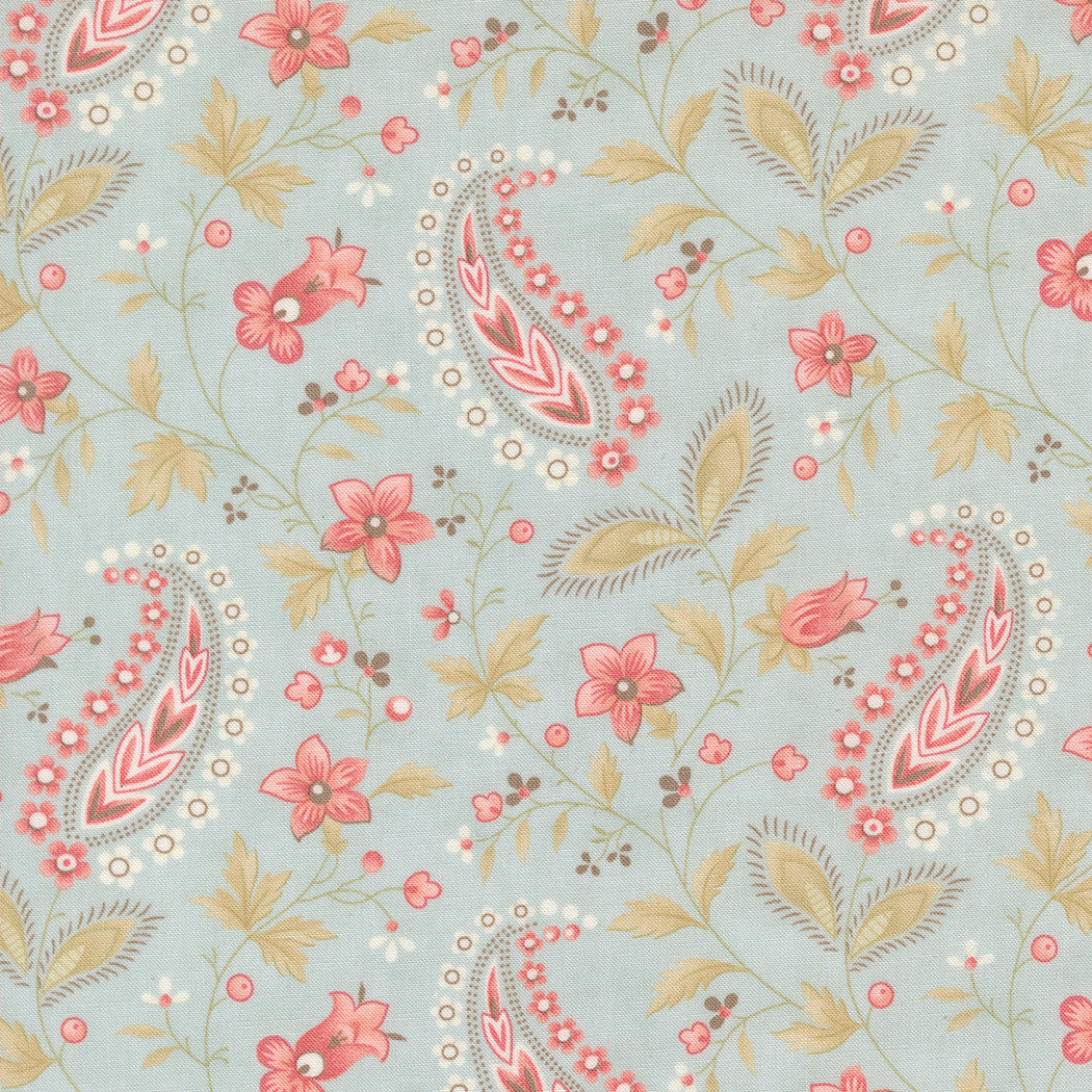 fabric swatch of a paisley print of pink hearts and florals and greenery on a sky blue background