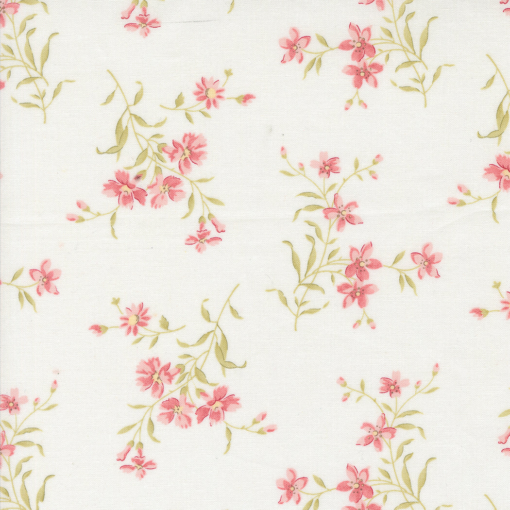 fabric swatch with small pink florals and greenery sprinkled on a porcelain white background