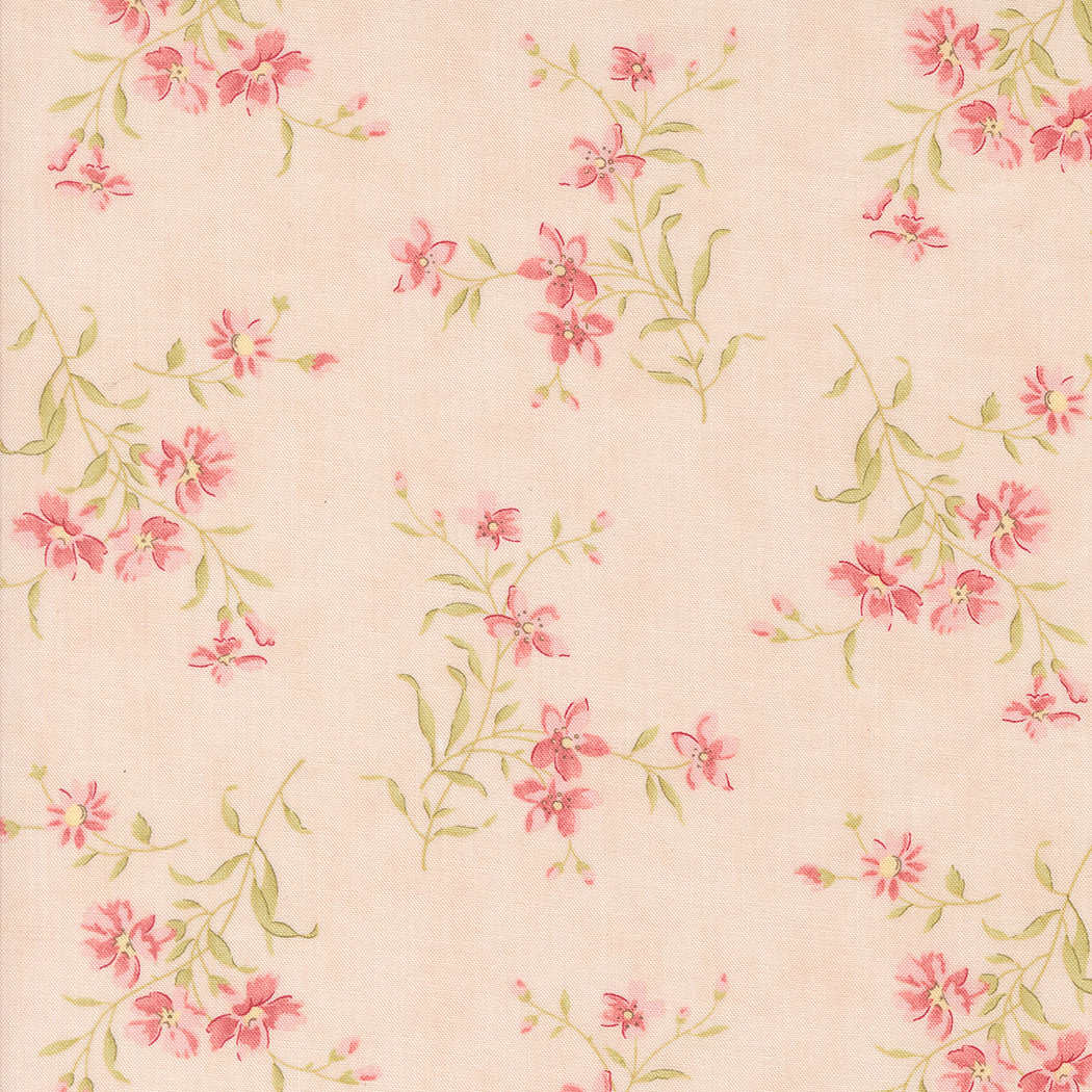 fabric swatch with small pink florals and greenery sprinkled on a porcelain white background