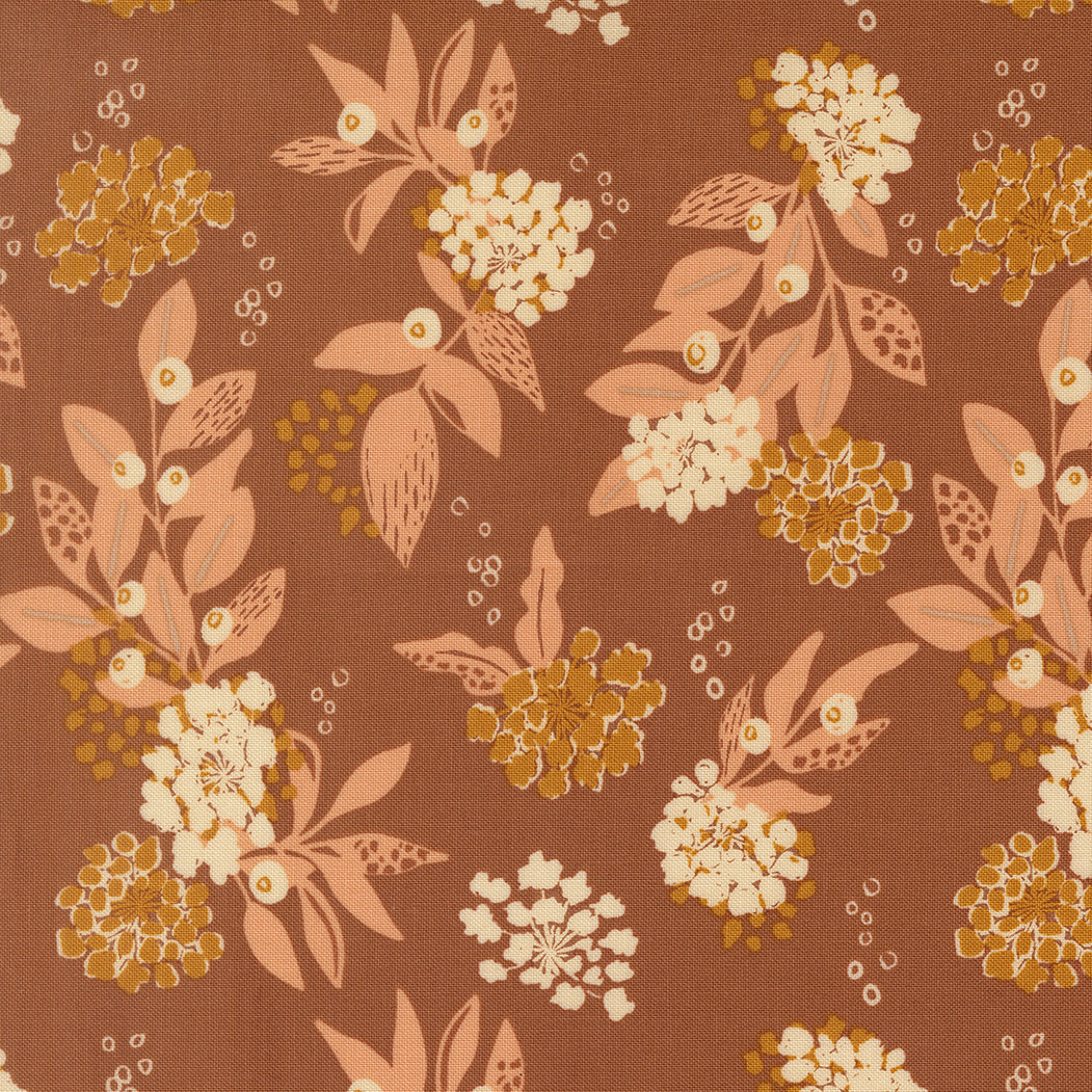 Floral pattern with flowers and leaves on a brown background