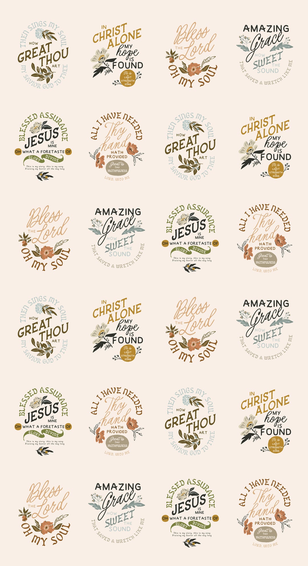 Pattern of religious text and designs on a light background