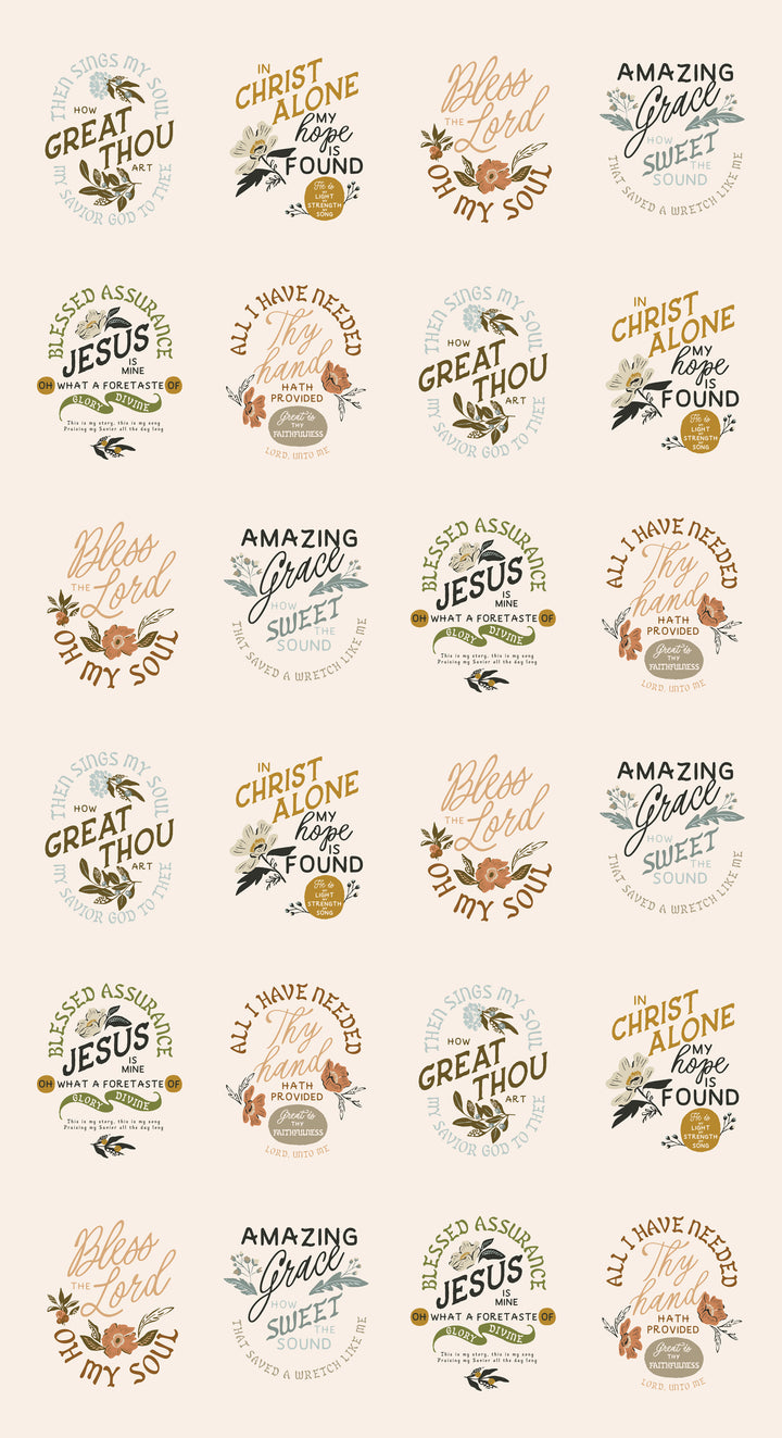 Pattern of religious text and designs on a light background