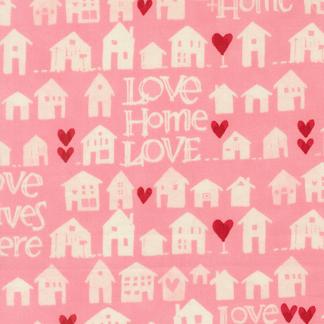 Pattern of houses and hearts on a pink background with the word 'love' repeated.