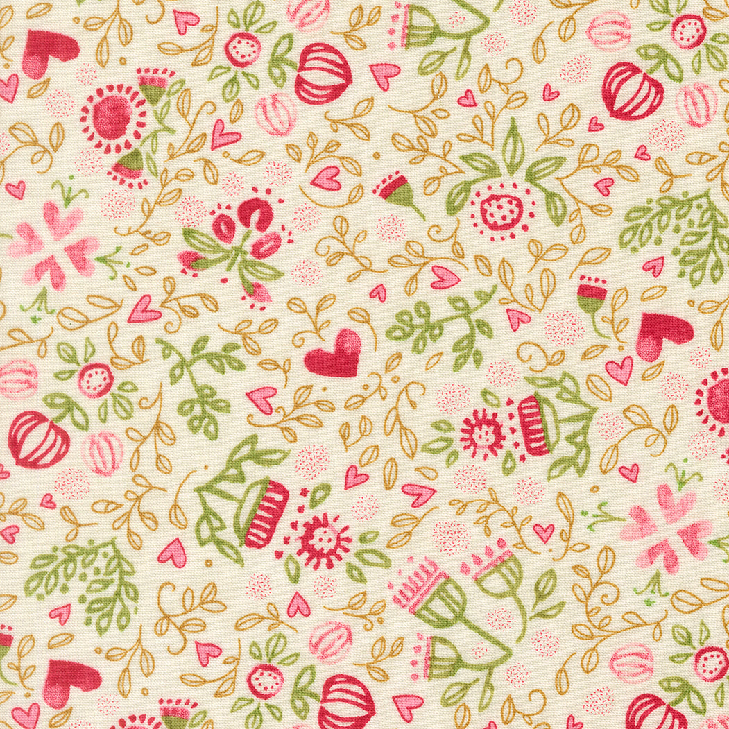 Floral and heart pattern with pink and green colors on a light background