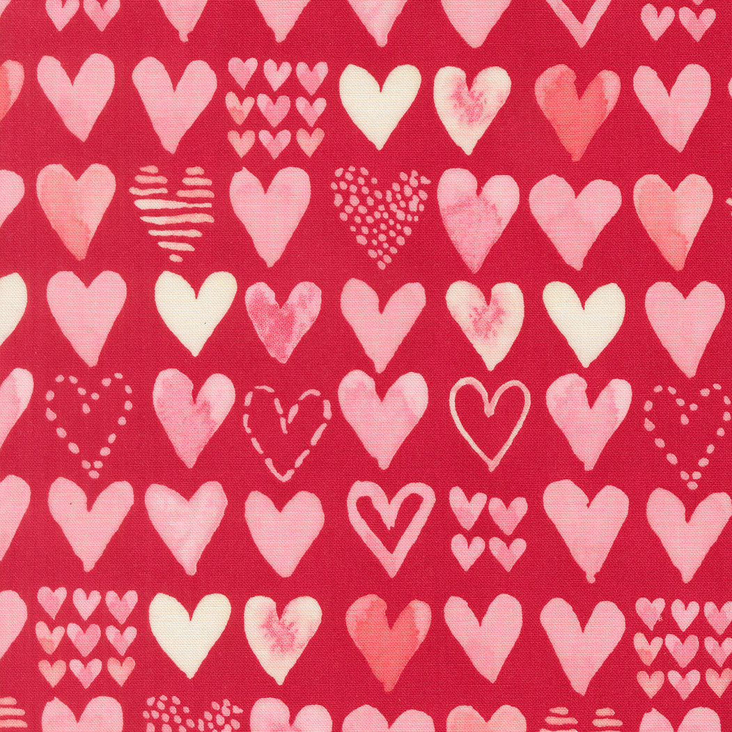 Pattern of pink hearts on a red background