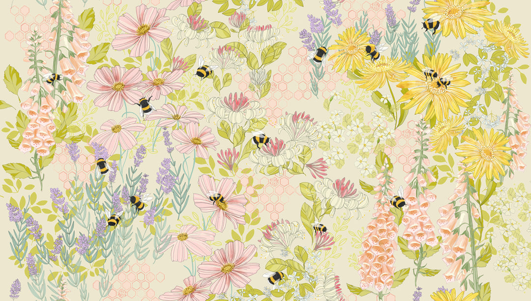 Pattern of flowers and bees on a light background