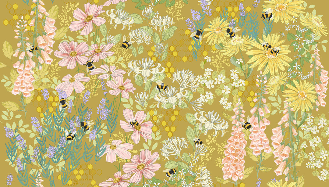 Pattern of flowers and bees on a yellow background