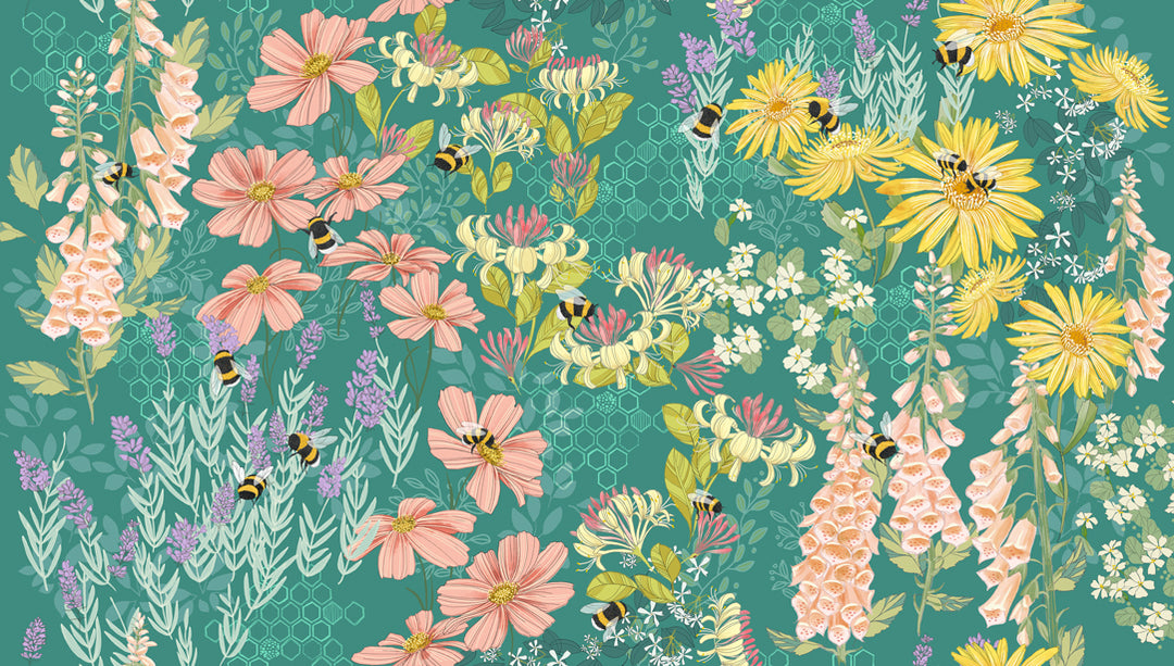 Pattern of flowers and bees on a teal background
