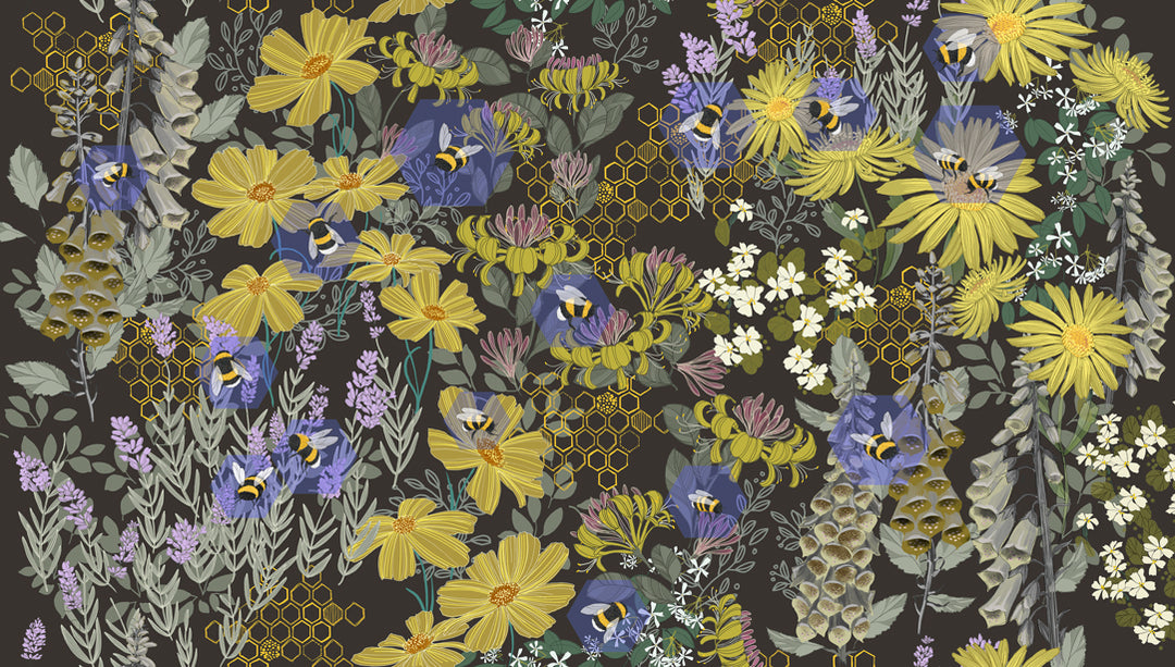 Floral pattern with yellow, blue, and purple flowers on a dark background