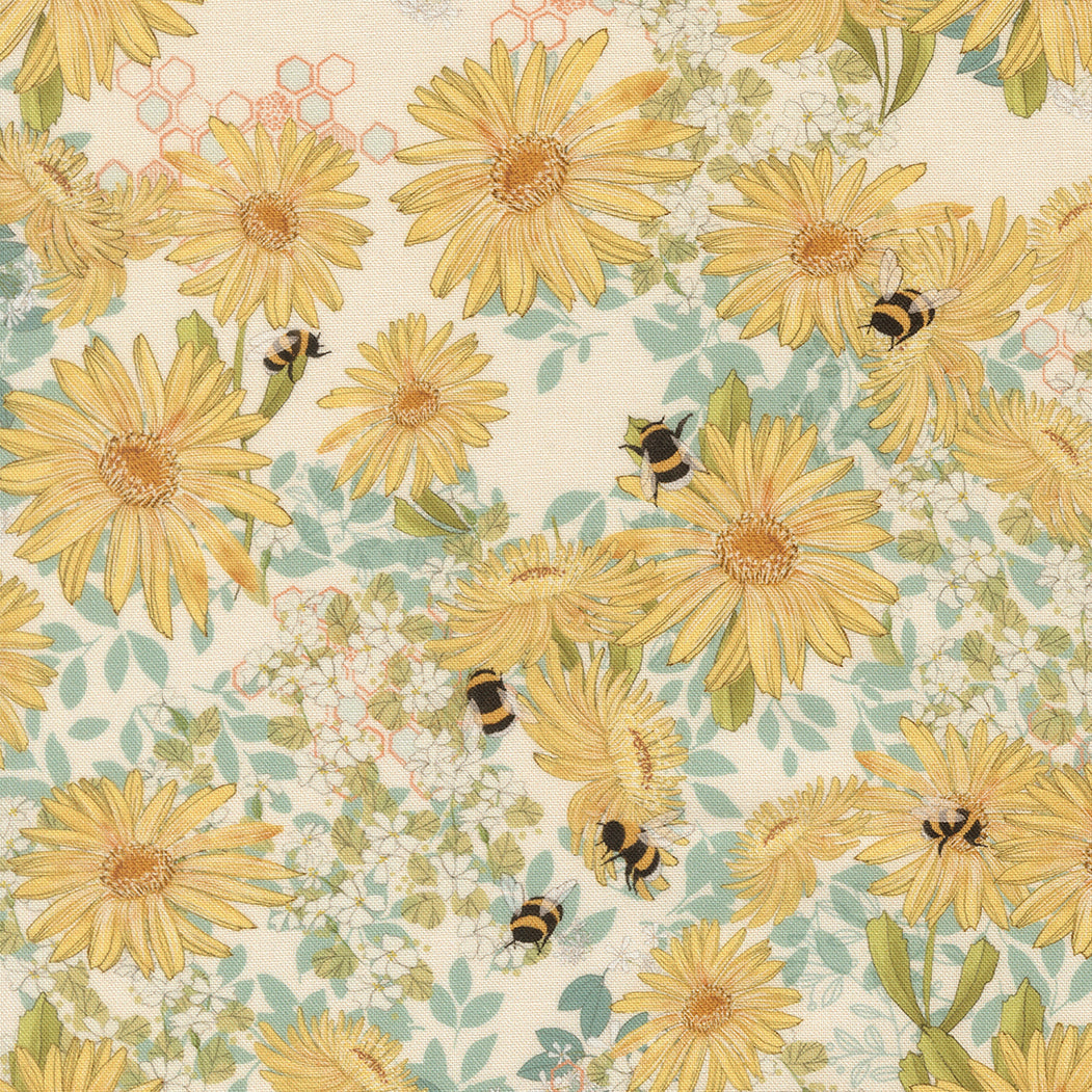 Yellow flowers with bumble bees and white flowers